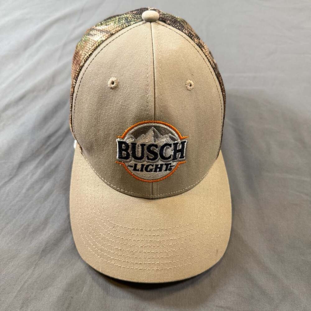 Busch Light Camo Mesh Trucker Hat Cap Tan Beer